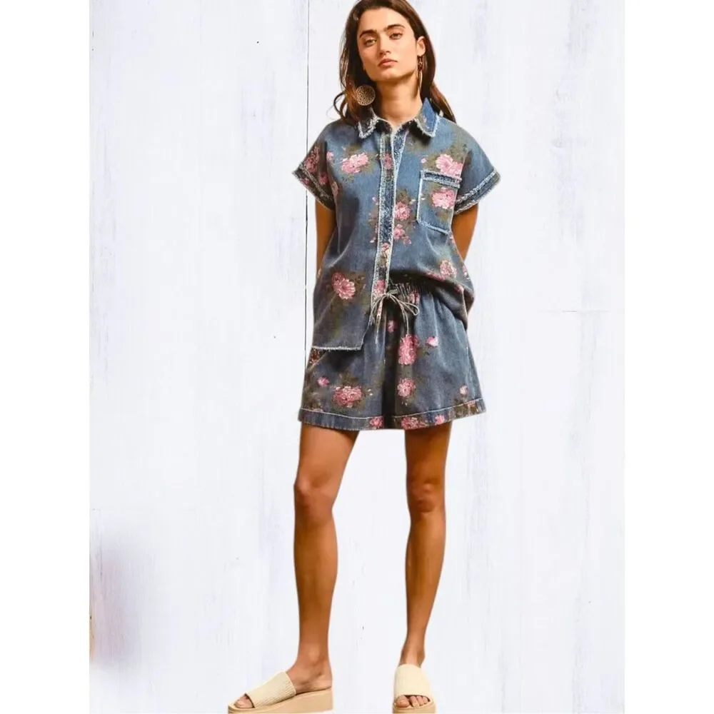 BiBi Floral Denim Short High Rise Drawstring Pink Rose Print Relaxed Fit Pockets - Picture 8 of 12
